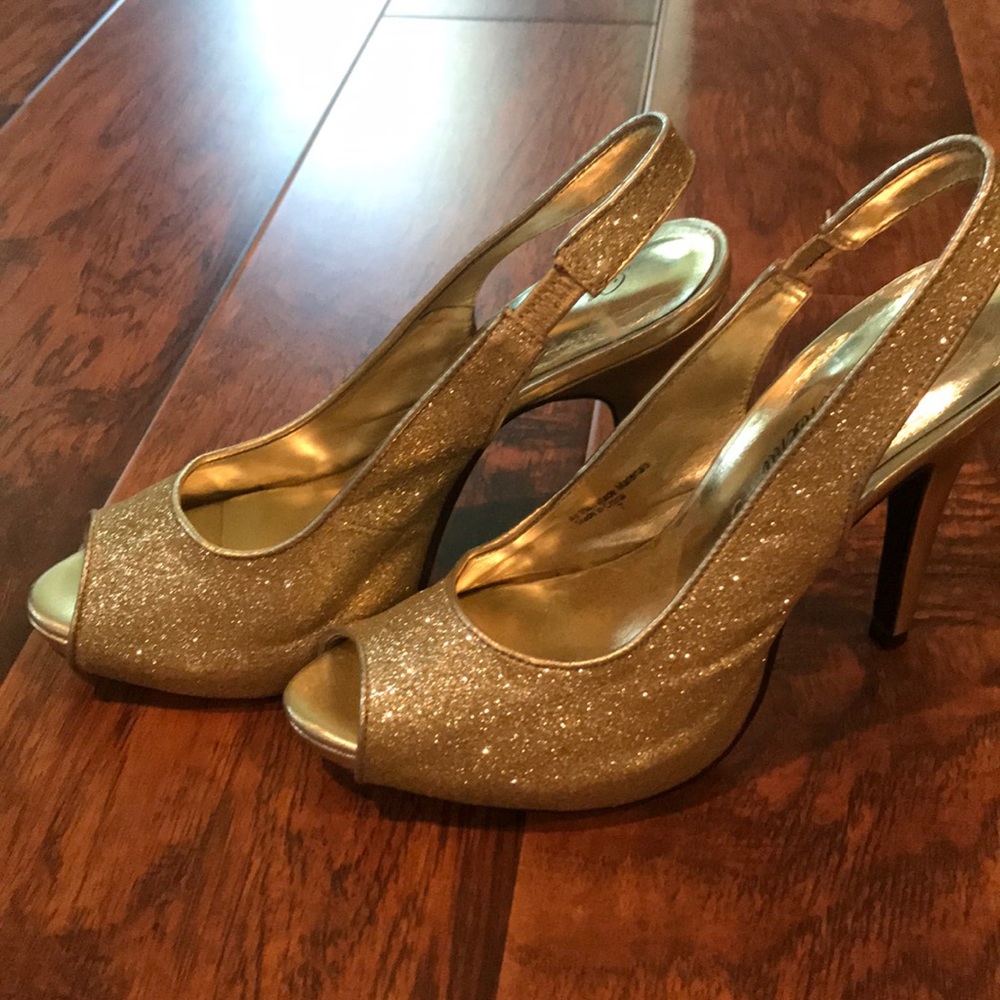 Gold glitter peep-toe pumps.  Worn once to prom.